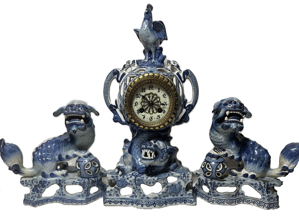 Three-Piece Delft Blue Porcelain Clock Garniture